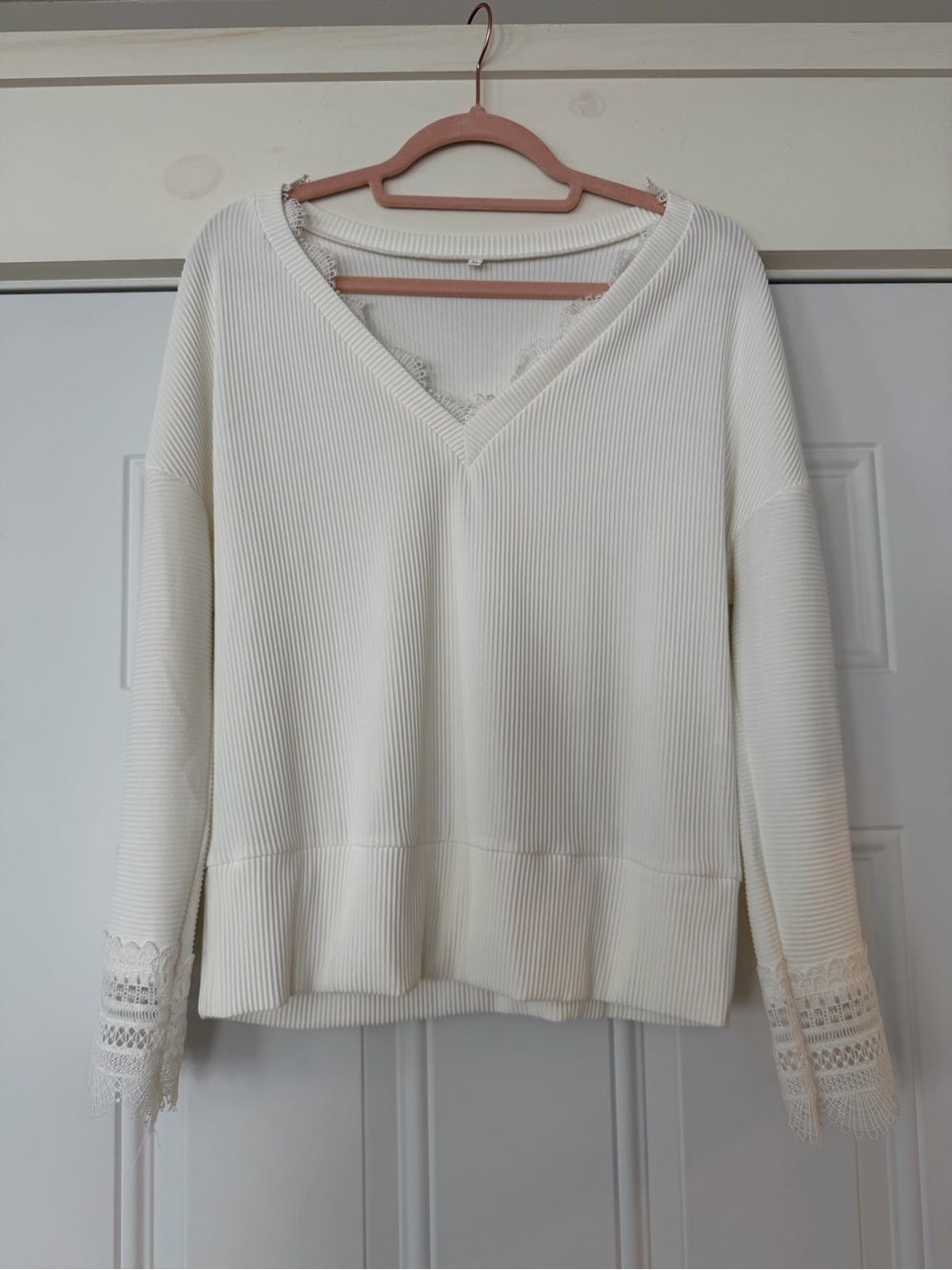 Amazon Cream Ribbed V-Neck Long Sleeve Top with Lace Cuffs